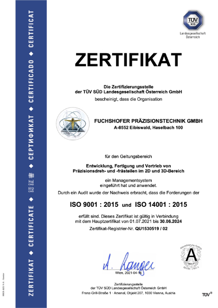 Zertifikat A4 ISO 900114001 Fuchshofer Prazision d 2020