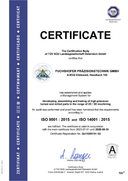 Zertifikat A4 ISO 900114001 Fuchshofer Prazision e 2023
